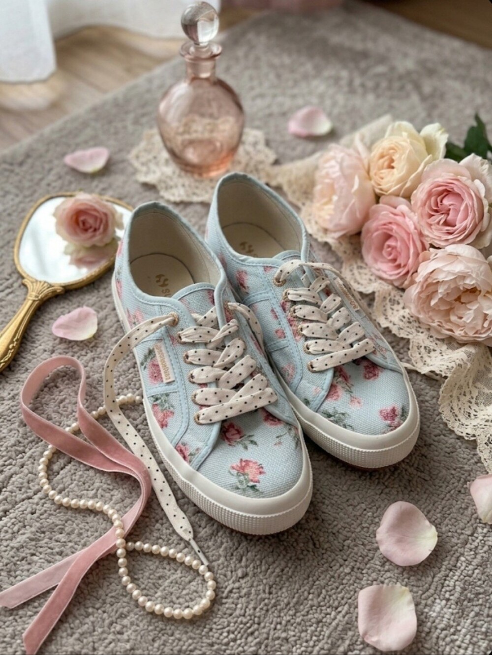 LoveShackFancy Floral Canvas Low-Top Sneakers in Light Blue and Pink